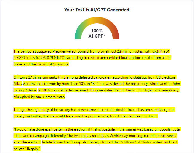 ZeroGPT scoring a 2016 CNN article as 100% AI-generated